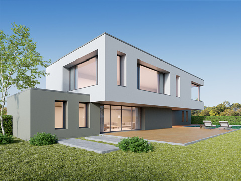 3d rendering of luxury modern house with large wood deck floor and lawn yard.