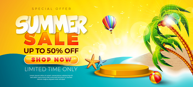 Summer Sale Design with with Stage Podium, Palm Tree and Beach Ball on Tropical Sandy Island Background. Tropical Business Vector Illustration with Special Offer Typography for Coupon, Voucher, Banner, Flyer, Promotional Poster, Invitation or Greeting Card