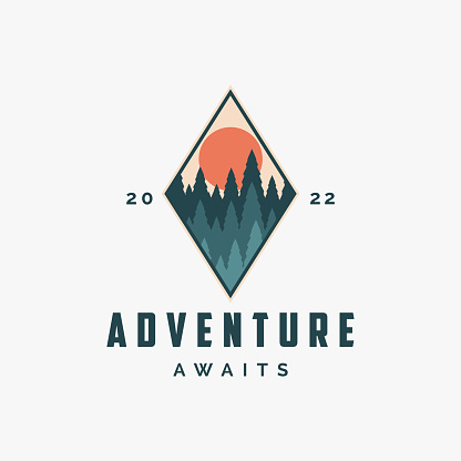 Outdoor adventure travel badge patch logo with pine forest on white background
