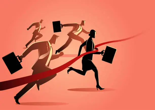 Vector illustration of Businesswoman crossing finish line during race with businessmen