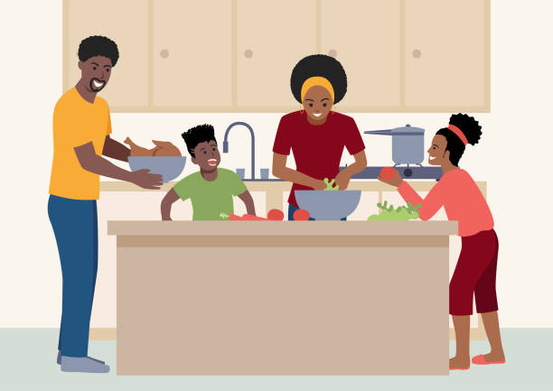 stockillustraties, clipart, cartoons en iconen met happy black family having fun cooking at home together - thuisbereiding