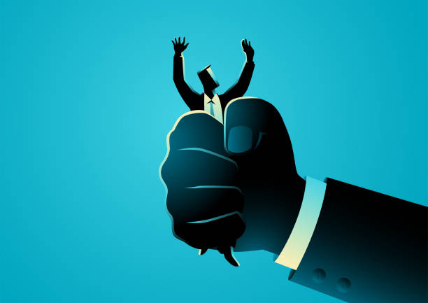 Business concept illustration of giant hand squeezes a businessman Business concept illustration of giant hand squeezes a businessman, oppression, pressure at work concept Domination stock illustrations