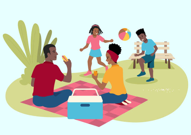 szczęśliwa czarna rodzina na pikniku - mother superior stock illustrations