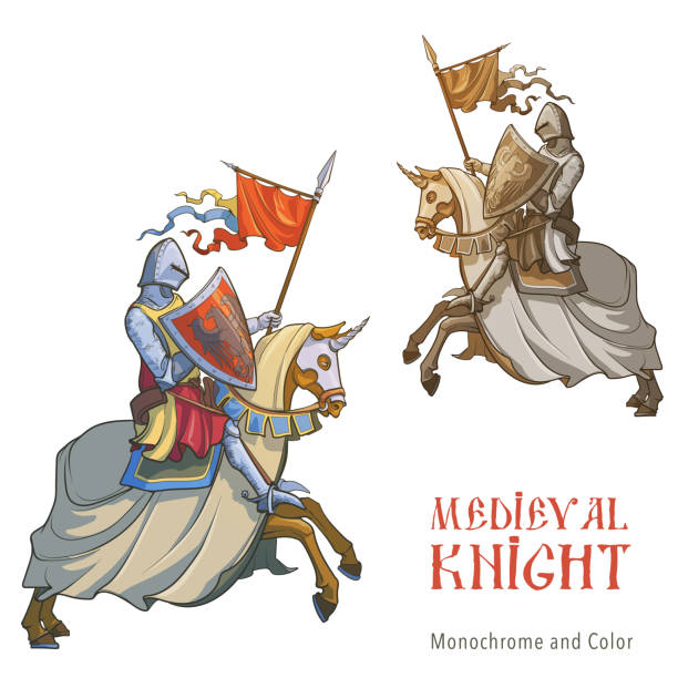 Early Medieval mounted knight Color Early Medieval mounted knight. A warrior in a chain-mail armor riding on a horse back. Medieval gothic style concept art. Color drawing isolated on white background. EPS10 vector illustration knights templar symbols stock illustrations