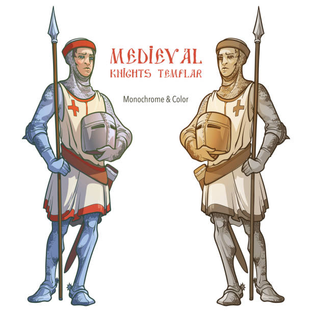 Early Medieval Templar Knight. Color Medieval Templar knight. Infantry outfit with a chain-mail armor short tunic and spear. Gothic style concept art. Color and Monochrome images isolated on white background. EPS10 vector illustration knights templar symbols stock illustrations