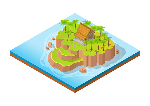 isometric beautiful island with resort house vacation and palm trees