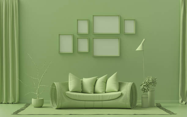 istock Poster frame background room in flat light green color with 6 frames, poster frame mock-up 1401681262