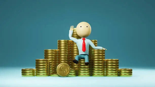 Photo of Portrait of a cartoon character with a stack of money. 3d rendering