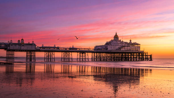 Eastbourne Pier Sunrise Colourful February sunrise at low tide Eastbourne Pier East Sussex south east England low tide stock pictures, royalty-free photos & images