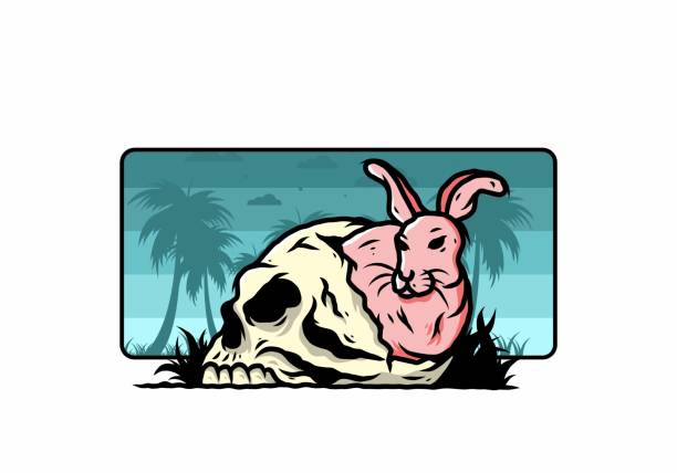 Rabbit hiding inside human skull illustration illustration design of rabbit hiding inside human skull white rabbit tattoo stock illustrations