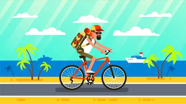 Vector illustration of Cyclist rides along California beach