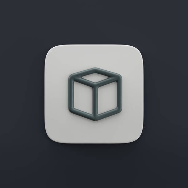 app 3d icon, outilne design and development icon in grey color on a button shape, 3d rendering, simple outline icon