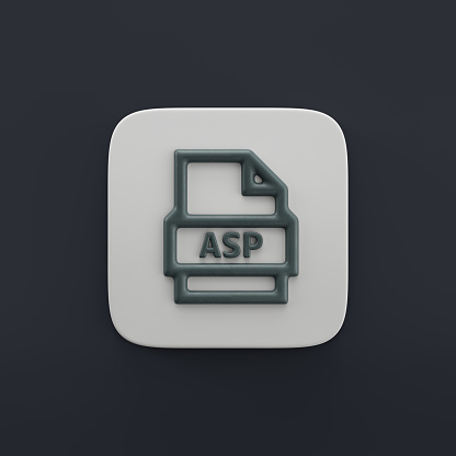 asp file 3d icon, outilne file type icon in grey color on a button shape, 3d rendering, simple outline icon