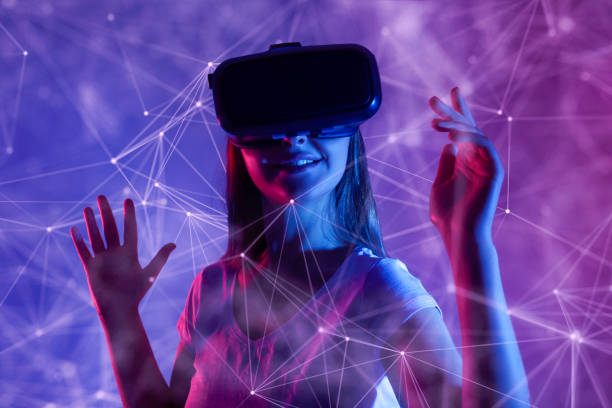 istock Woman looks around in virtual reality 1401685772