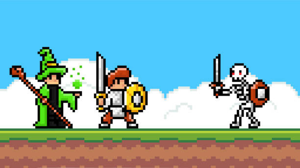 ilustrații de stoc cu pixel joc interfață, vrăjitor și cavaler eroi atac, lupta cu schelet monstru exploatație sabie - personaj