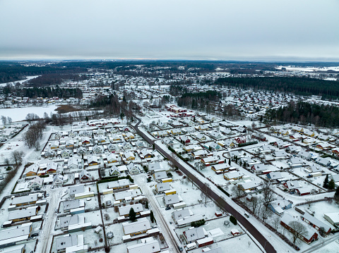 Drone panorama over Hessian spa town Bad Nauheim during the day with cloudy sky in autumn