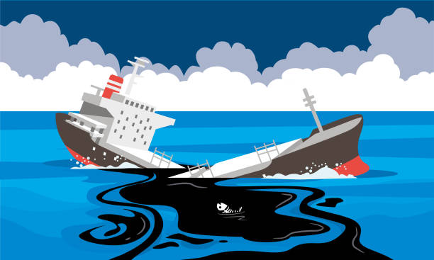 marine accident Marine accident vector illustration, tanker floating in the sea is broken and oil is leaking. sinking boat stock illustrations