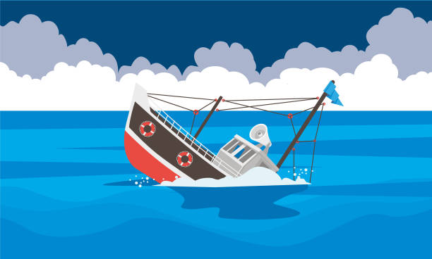 marine accident Marine accident vector illustration, fishing boat is sinking. fishing boat sinking stock illustrations