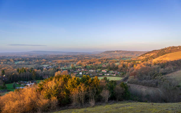 Reigate Hill Dawn Surrey Hills Calm morning dawn view from Colley Hill Reigate on the Surrey Hills North Downs south east England south east england stock pictures, royalty-free photos & images