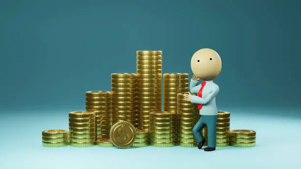 Photo of Portrait of a cartoon character with a stack of money. 3d rendering