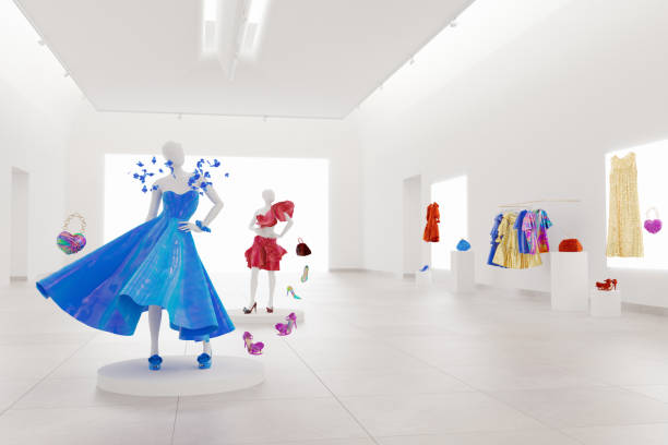 Where to shop in metaverse Luxury boutique in metaverse with mannequins in extravagant dresses, shoes and purses, CGI. fashion house stock pictures, royalty-free photos & images