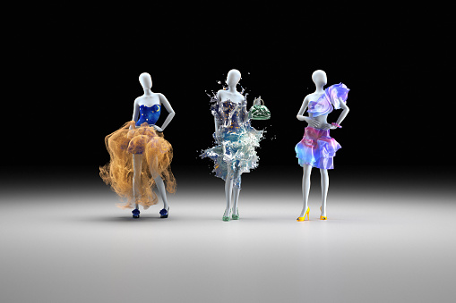 Three female models in extravagant outfits, CGI.