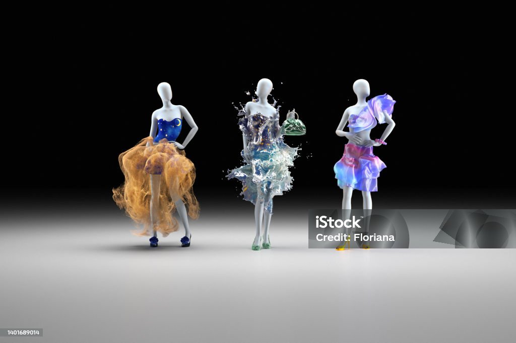 What to wear in metaverse Three female models in extravagant outfits, CGI. Fashion Stock Photo
