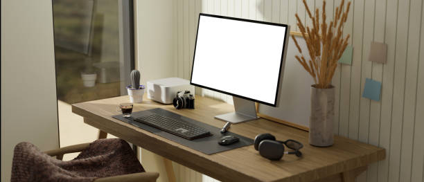 istock Scandinavian cozy home workstation interior with computer mockup on wood table over white plank wall 1401695272
