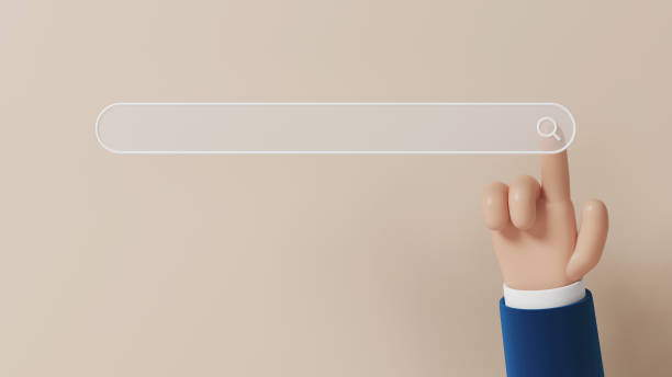 istock Blank web search bar for website address. The man's hand presses the information search button. 3D rendering. 1401696234
