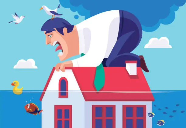 Vector illustration of businessman holding drowned house and screaming