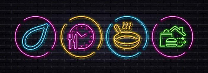 Frying pan, Food time and Pumpkin seed minimal line icons. Neon laser 3d lights. Food delivery icons. For web, application, printing. Cooking utensil, Eat clock. Neon lights buttons. Vector