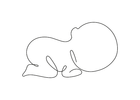 Newborn baby sleep, one art line continuous drawing. Silhouette cute sleeping child in minimalism single outline draw. Little kid is lies on stomach. Vector