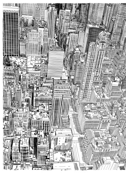 illustrazioni stock, clip art, cartoni animati e icone di tendenza di skyscraper city seamless, illustrazione della linea di disegno a mano. - new york city new york state skyscraper high angle view