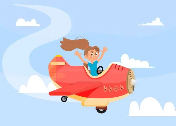 Vector illustration of Cartoon child in airplane. Kid pilot, little happy aviator flying in sky. Cute fly on aircraft, funny girl drive transport. Summer trip or baby adventures decent vector