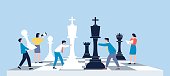 istock Chess game. Business strategic of leadership, management attack plan. People with figures on board, company work relationship. Competition recent vector metaphor 1401699226