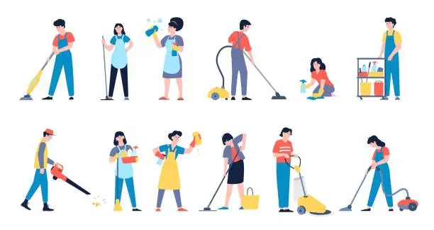 Vector illustration of Cleaning service workers. Wash floor smiling cleaner, professional cleanliness team. Flat housekeeping staff with vacuum and tools, recent vector characters