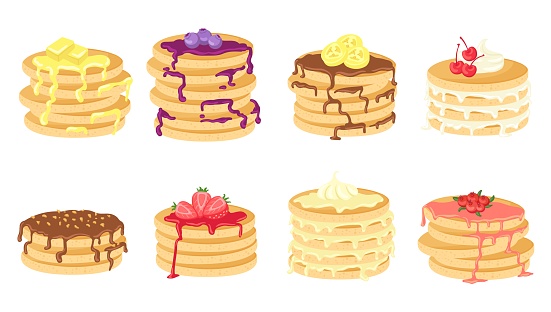 Pancake with toppings. Stack pancakes with chocolate, honey, butter and fresh berries. Cute cartoon sweet home breakfast. Food with syrup vector set. Illustration of stack pancake with sweet chocolate