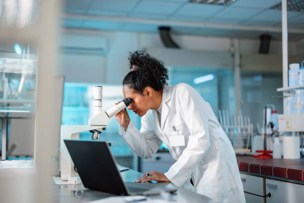 wissenschaftlerin, die unter dem mikroskop schaut und einen laptop in einem labor benutzt - science innovation microscope healthcare and medicine stock-fotos und bilder