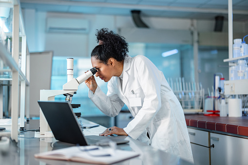 Young Hispanic scientist wearing a lab coat, looking under microscope while using laptop in a laboratory.