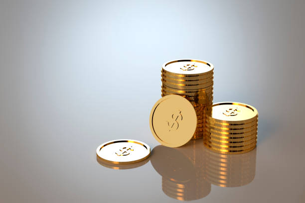 istock Piles with golden coins on clean background. 1401700299