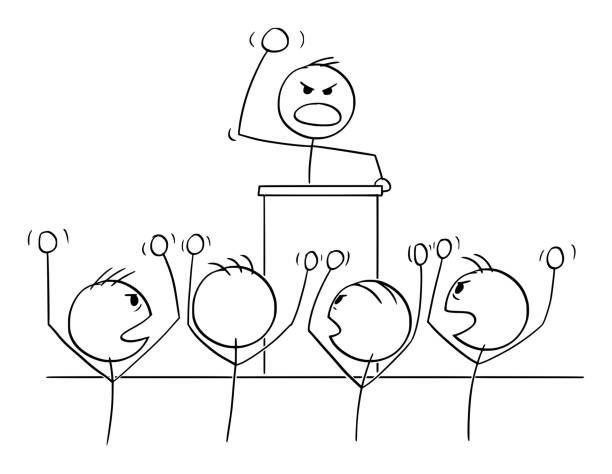 Politician or Leader Radicalize Crowd of Followers , Vector Cartoon Stick Figure Illustration Leader or politician speaking to crowd of followers radicalize or make them enthusiastic , vector cartoon stick figure or character illustration. infamous stock illustrations