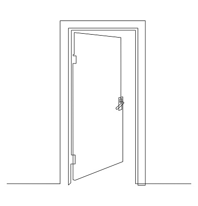 Hall with open front door. Entrance to a room or office. Continuous line drawing.