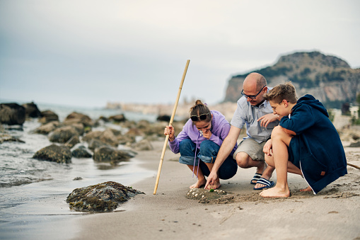 Father and two teenagers are walking and playing on the beach on a off-season spring day. The family is examining some seaweed and clams.\nCanon R5