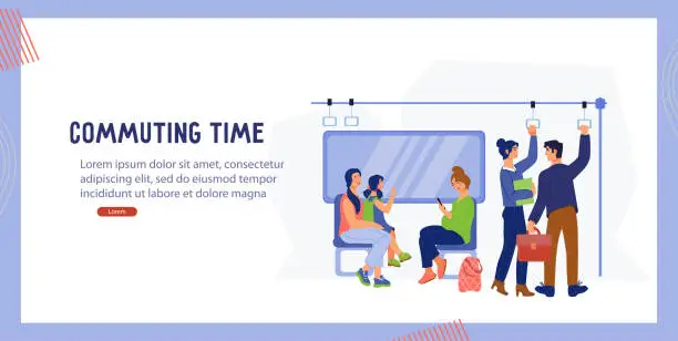 Vector illustration of Public commute transport website banner template with passengers, vector.