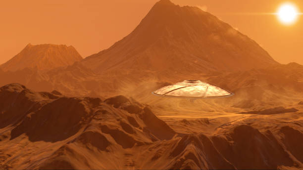 istock Massive Ufo saucer hovering over mountain on planet mars, 3d illustration 1401710593