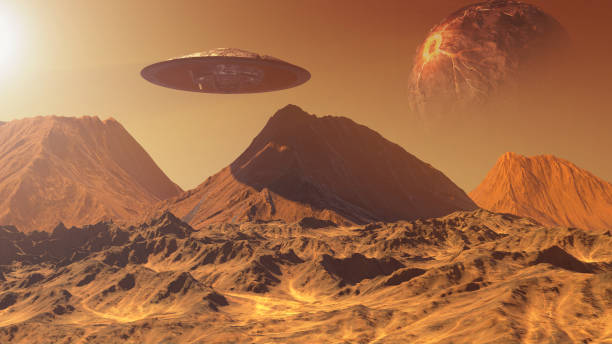 istock Massive Ufo saucer hovering over mountain on planet mars, 3d illustration 1401710715