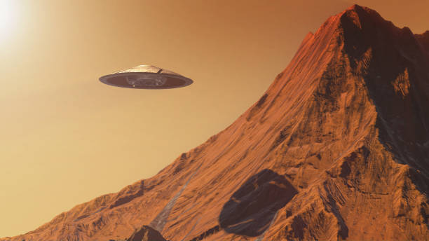 istock Flying saucer ufo crashing on planet mars surface, 3d illustration 1401710734