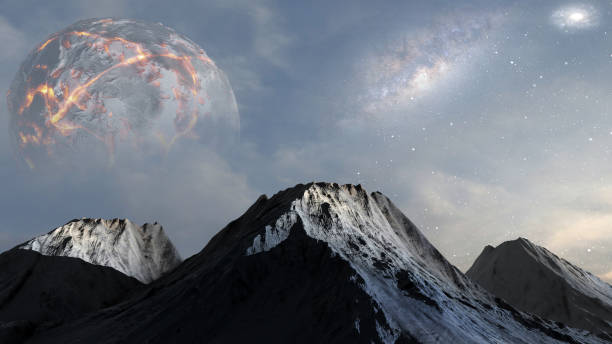 istock Alien dead planet with volcanic mountains and dead star, 3d illustration 1401710825