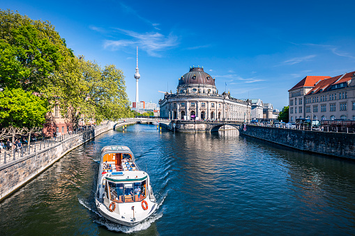 Europe, Germany, Berlin. 05/09/2022. Buildings on the river Spree. View of the Bode-Museum.