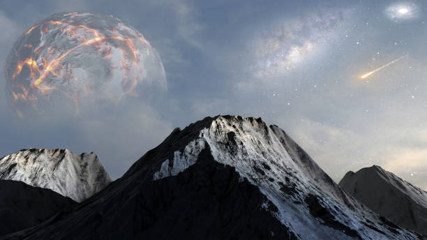 istock Alien dead planet with volcanic mountains and dead star, 3d illustration 1401710888